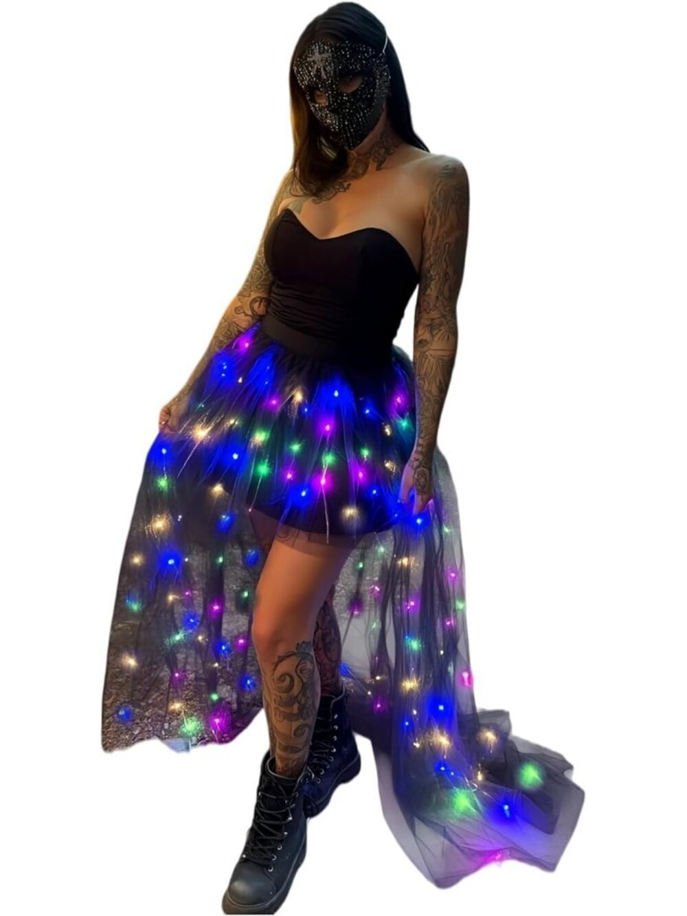 Women's Black Tulle Tutu Adult A Line Rave Outfit Led Light Up Costumes Skirts